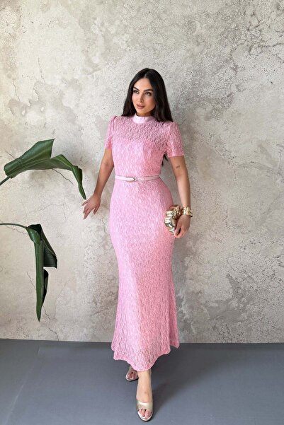 Elbee Fashion Woman Pembe Dantel Detaylı Elbise