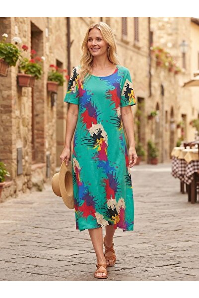 Türkiş Otantik Multi-Colored Short-Sleeved Viscose Woven Comfort Dress