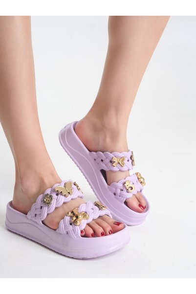 Amiral Ayakkabı Women's Purple Stone Flower Detailed Thick Sole Summer Comfortable Slippers