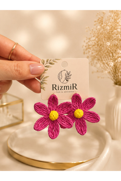 rizmir Hasır Örgü Çiçek Tasarımlı Kadın Küpe