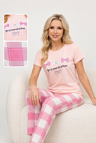 CottonVia Women's Pajama Set, 100% Cotton, Short Sleeve, Crew Neck, Bow Patte...