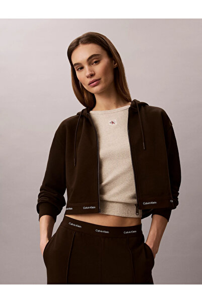 Calvin Klein Kadın Rahat Kesim Kapüşonlu Pamuklu Fermuarlı Crop Koyu Kahve Sw...