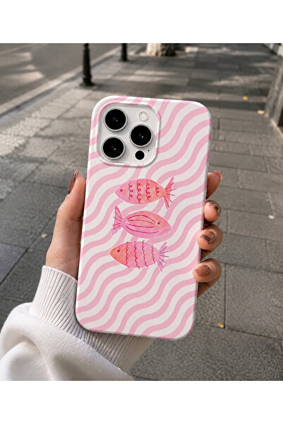 OVADA İphone 16 Pro Max Uyumlu Pembe Balık Desenli Kadife Soft Telefon Kılıfı