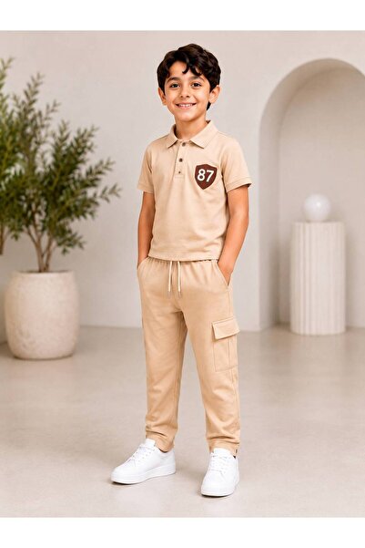 KADİR BABA Boys' Polo Collar T-Shirt Cargo Pants 2-Piece Set 4-8 Years
