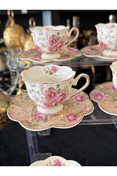LOKMAN ZÜCCACİYE SHOWROOM Premium Porcelain Flowered Coffee Cup Set for 6 Peo...