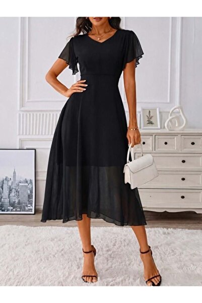 Aymood Women's Short Sleeve V-Neck Midi Lined Chiffon Dress