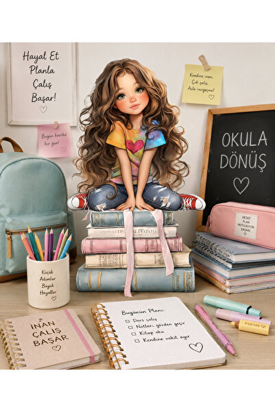 aiki Kitaplar ve Kız Görseli, Okul, Çocuk Odası, Cam, Duvar Sticker; 50 x 82 cm