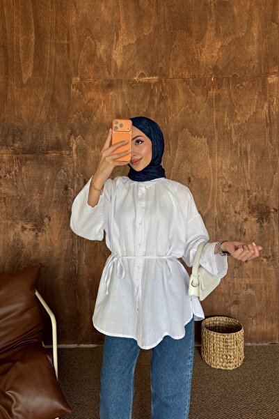 HYWONA Women's 100% Cotton Muslin Oversize Hijab Shirt Tunic White