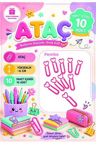 ETİKETİM 3D Baskı Renkli Kitap ve Defter Ataçı Kalpli PEMBE | 10 Adet