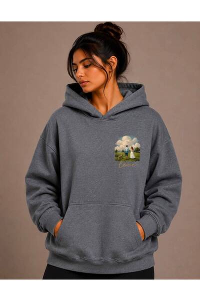 caddekombin Love Printed Hooded Green Sweatshirt with Kangaroo Pocket and Woo...