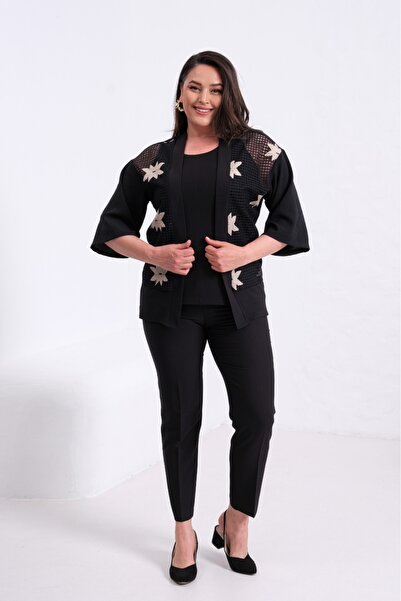 bihan store Plus Size Women's Black Jacket Double Suit Set - Star Embroidery ...