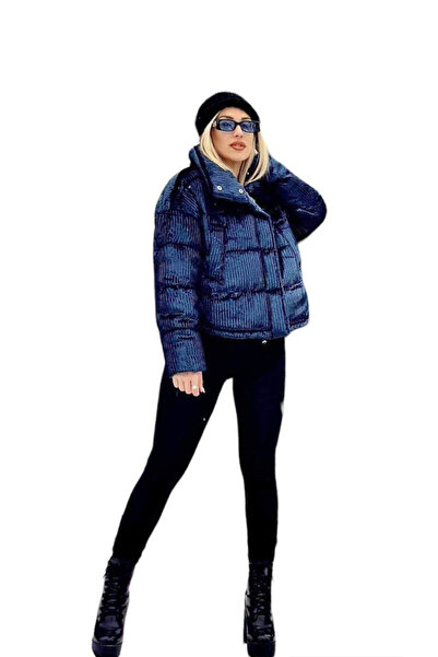 Woman's Fashion Κοντό Γυναικείο Μπουφάν Πουφερ για τον Χειμώνα, Μπλε