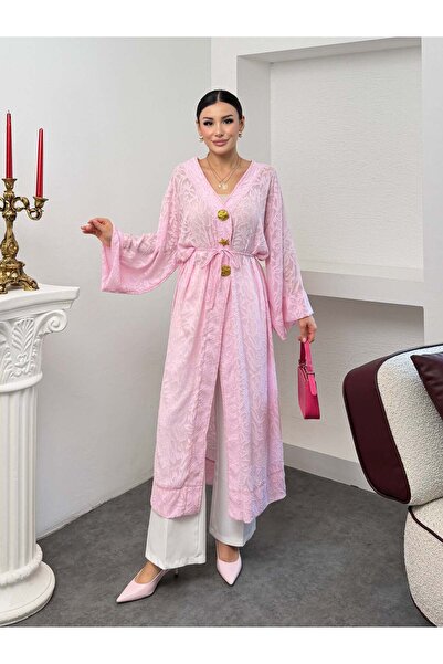 Hatun Atila Women's V-Neck Waist-Tied Gold Detailed Wide Sleeve Jacquard Patt...
