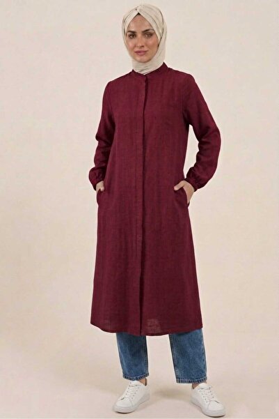 PORİENTO Burgundy 100% Cotton Muslin Fabric Zippered Long Hijab Women's Tunic...