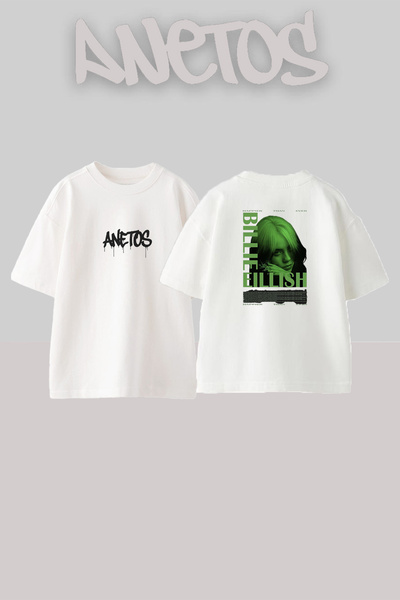 Anetos Billie Eilish_53 Λευκό μπλουζάκι με τυπωμένο σχέδιο Unisex Oversize