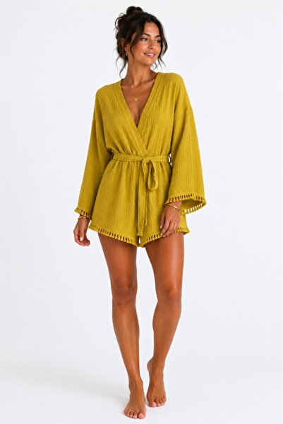 Mulberry Layra Women's Ecru Muslin Kimono Bathrobe – Belted, Tassel Detailed,...