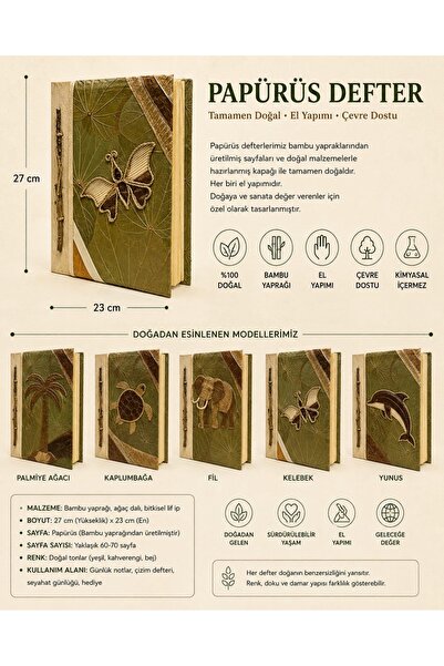 SultanofAura El Yapımı Doğal Papürüs Defter 27x23 cm – Bambu Yapraklı Vintage...