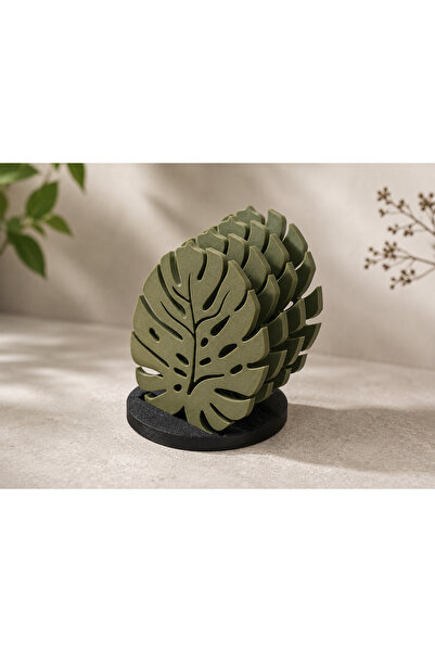 3Devat Monstera Yaprak Bardak Altlığı 4lü Set Standlı - Dekoratif Masa Koruyucu
