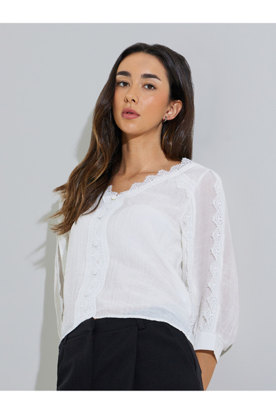 Styli White Long Sleeve Lace Trim Blouse