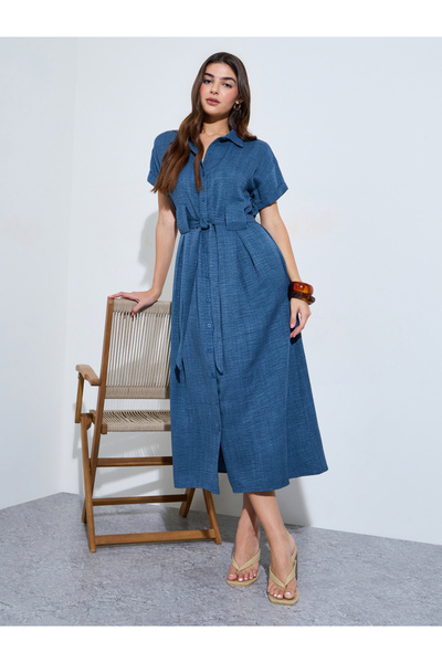 Styli Blue Shirt Midi Dress with Tie-Belt