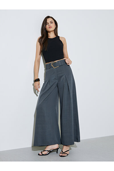 Take Two By Styli Grey Fold-Pleat Wide Leg Pants with Belt