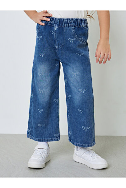 Styli Girls Bow Print Straight Leg Jeans