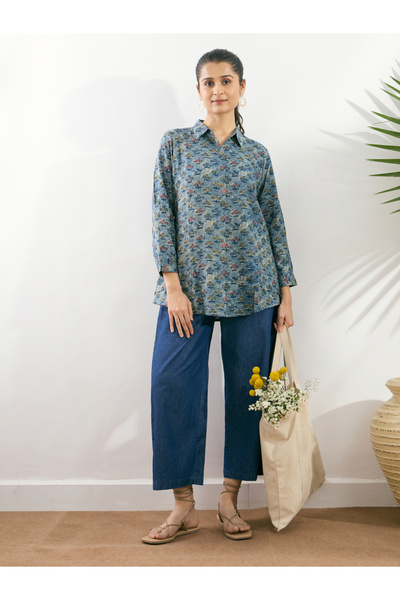 Silver Lime By Styli Blue Viscose Printed Regular Fit Shirt