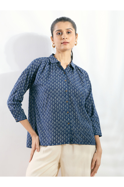 Silver Lime By Styli Navy Blue Viscose Printed Boxy Fit Shirt