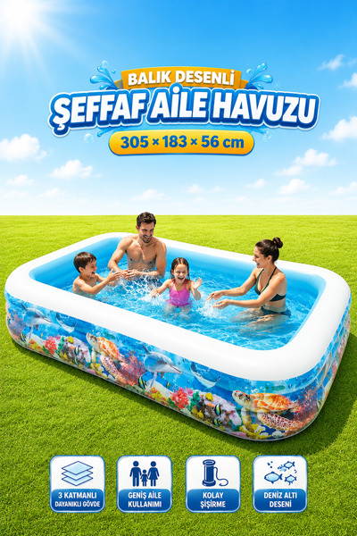TRENDZONE Balık Desenli Şeffaf Aile Havuzu 305×183×56 cm – Büyük Boy 3 Katman...