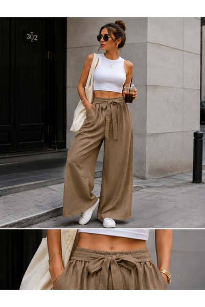 get crazy collection Women's Waist Belted Wide Leg Viscose Trousers