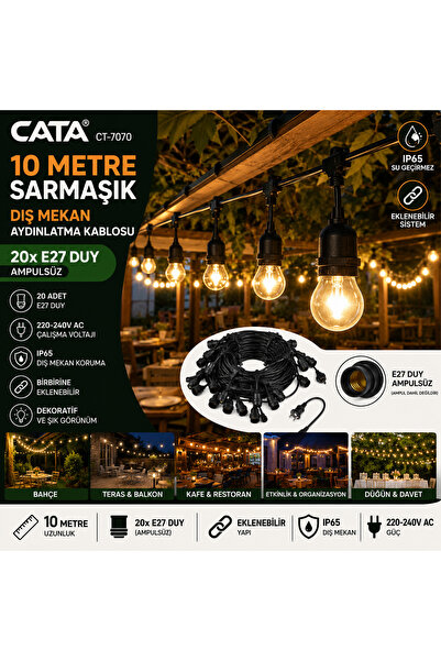 Cata 10 Metre Eklenebilir Dış Mekan Sarmaşık Aydınlatma Kablosu 20x E27 Duy I...