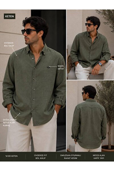 Green'DAL Erkek Oversize %100 Keten Gömlek Uzun Kollu Düğmeli Yazlık Rahat Ke...
