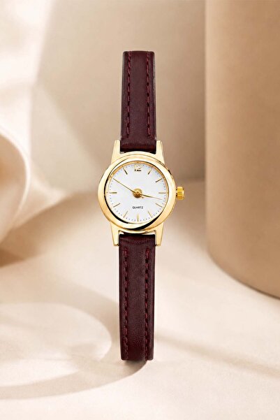 GANYMET Leny Women's Wristwatch Burgundy Leather Look Thin Band Gold Case Whi...