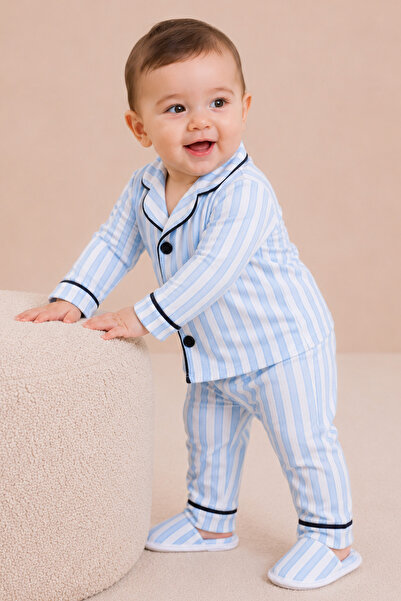 Rocha Baby Striped Children's Pajama Set with Slippers 3 Piece Ribbed Home Wear Set