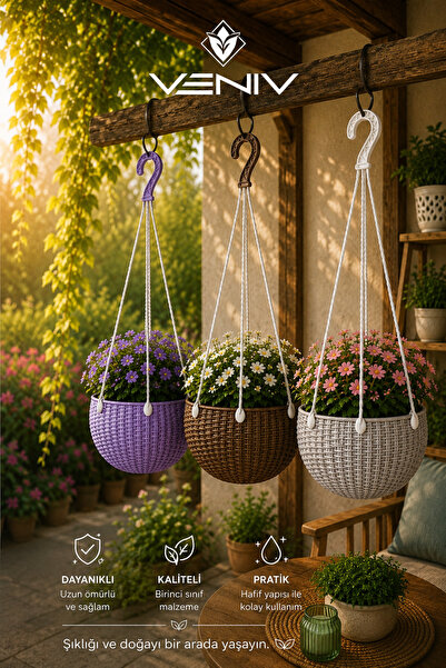 VENİV 3’lü Alt Tabaklı Rattan Desenli Askılı Saksı 2 Litre | Dekoratif Şık Ta...