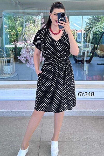 İnce Topuk Beli Gipeli Polka Dot Viscose Dress 6Y348