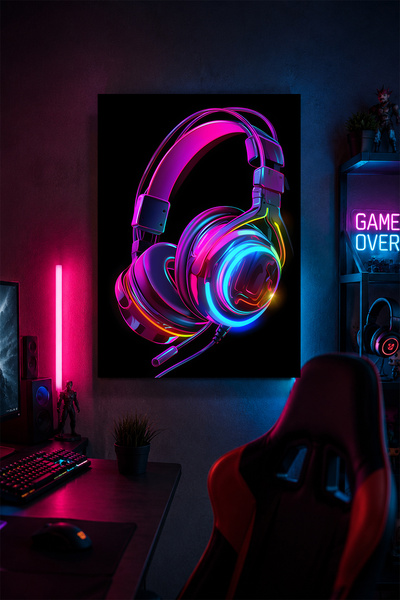 Lucena Tablou metalic de perete cu căști de gaming, decor neon pentru camera ...