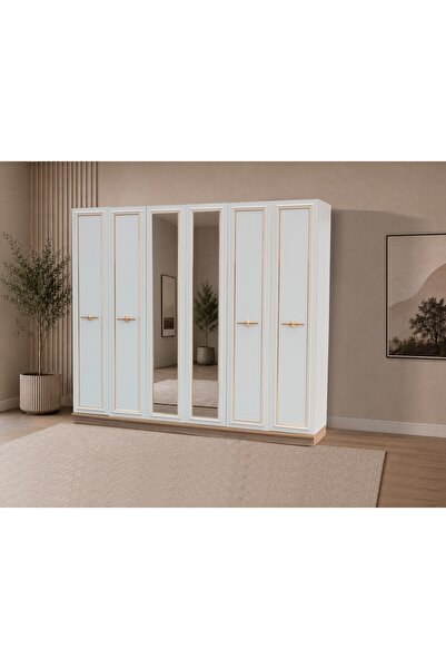 satenhome Ece 6 Kapaklı 2 Çekmeceli 240cm Gardırop Ceviz,Metalik ekru