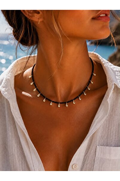 House Of Glix Drop Love Siyah Gold Renkli Dizme Boncuklu Gold Damla Detaylı K...