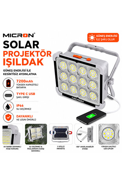 Micron Solar Projektör Işıldak Güneş Enerjili LED Kamp Lambası – Type-C Şarjl...