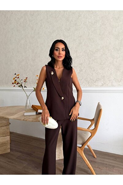 Bella Breeze سترة نسائية مع بنطلون، طقم أنيق من قطعتين بأزرار ذهبية