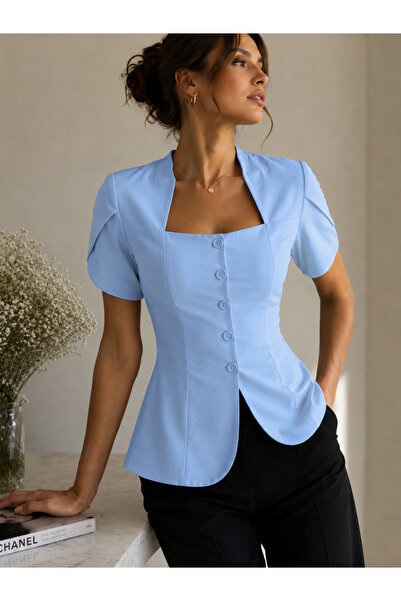 qeteen Women's Square Collar Button Detailed Polka Dot Blouse