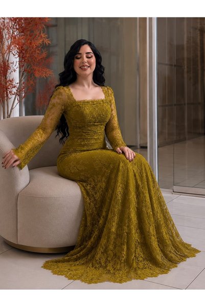 MILANORA Elegant Lace Dress in Olive Color