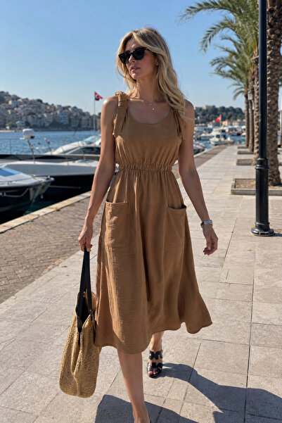 armonika Women's Camel Waist and Straps Elastic Pockets Linen Look Midi Lengt...