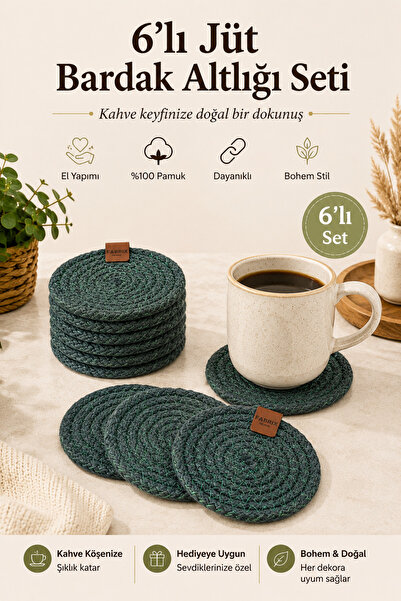 Fabrix Home Set of 6 Handmade Cotton Coasters Green Bohemian Coffee Corner Decor
