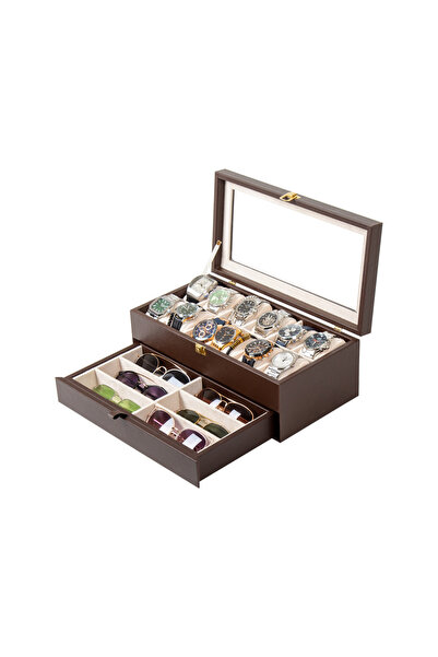 Güner Ofis Leather Organizer Box with Drawers and Glass Lid, with 12 Watch Co...