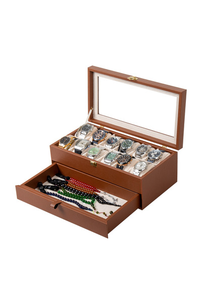 Güner Ofis 12 Drawer Leather Watch and Accessory Organizer Box with Glass Top...