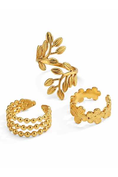Nevara 3-Piece Set of Trendy Gold Rings for Women with Floral and Leaf Design...