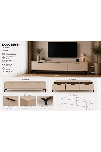 Altın Tasarım Atölyesi LARA SERİSİ TV SEHPASI Metal Kulplu | Kumtaşı | 180 cm