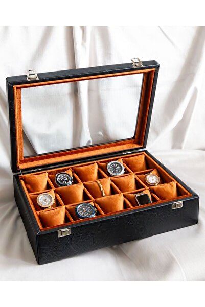 Shansora Design 15-Piece Premium Watch Box, Black Faux Leather Covered, Custo...